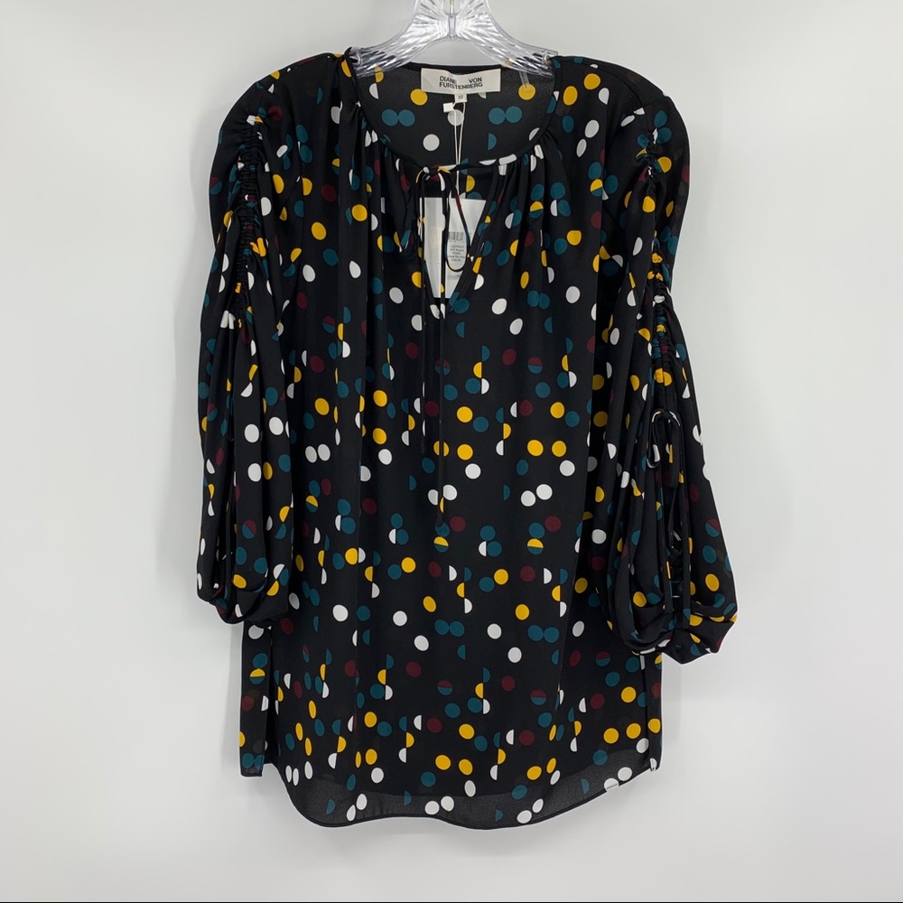 Diane Von Furstenberg Blouse NWT Polka Dot Tie Neck Long Sleeve Black Size XS